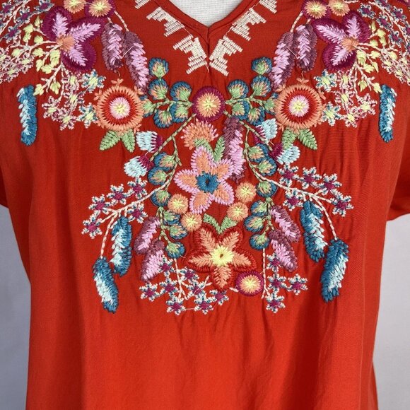 Luna Moon Short Sleeve Blouse Shirt Womens Small Orange Embroidered Vneck - Picture 6 of 9